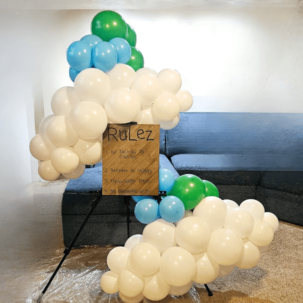 peter pan balloon sign with clouds